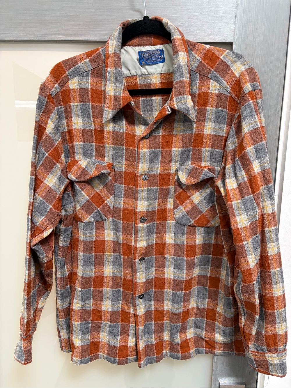 Vintage 70s Pendleton Board Shirt XL Loop Collar Virgin Wool Plaid USA